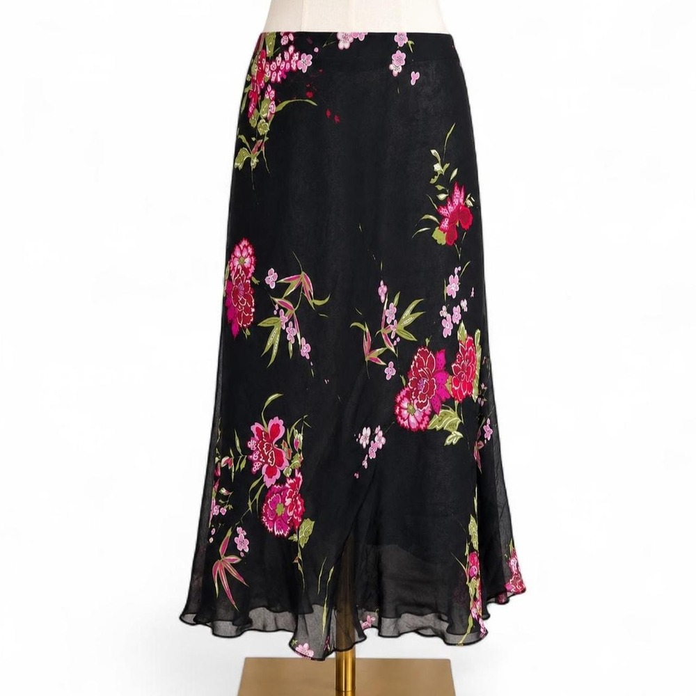 Y2K black floral chiffon midi skirt